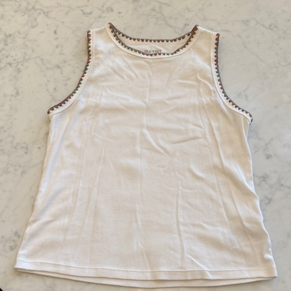 Old Navy Girls White Ribbed Tank Top Embroidered Trim Size M